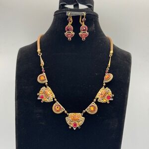 Vintage Adaya Handcrafted Israeli Necklace And Earrings Set Red Glass